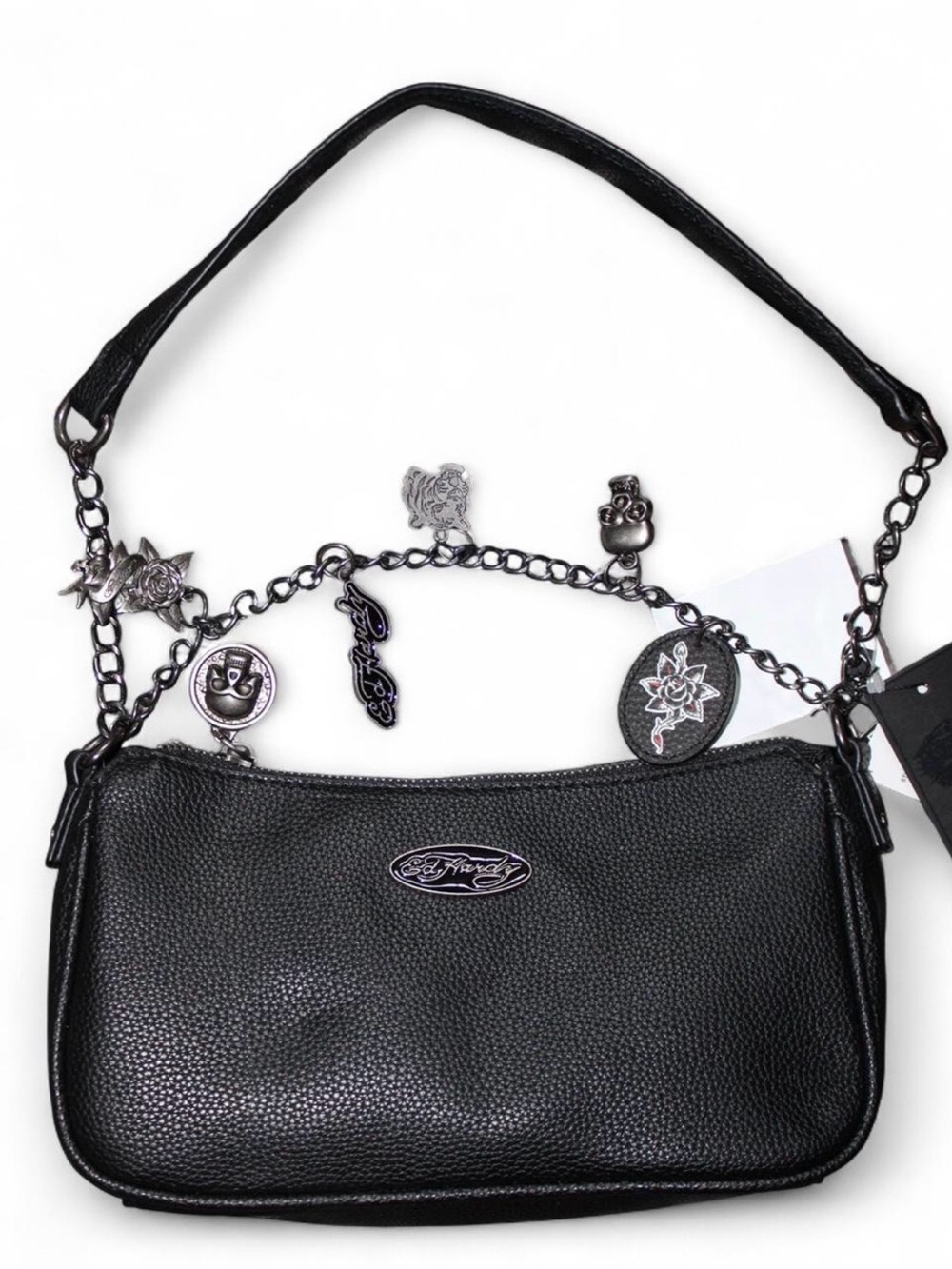 Ed Hardy Black Leather Charm Bag with Logo Plaque